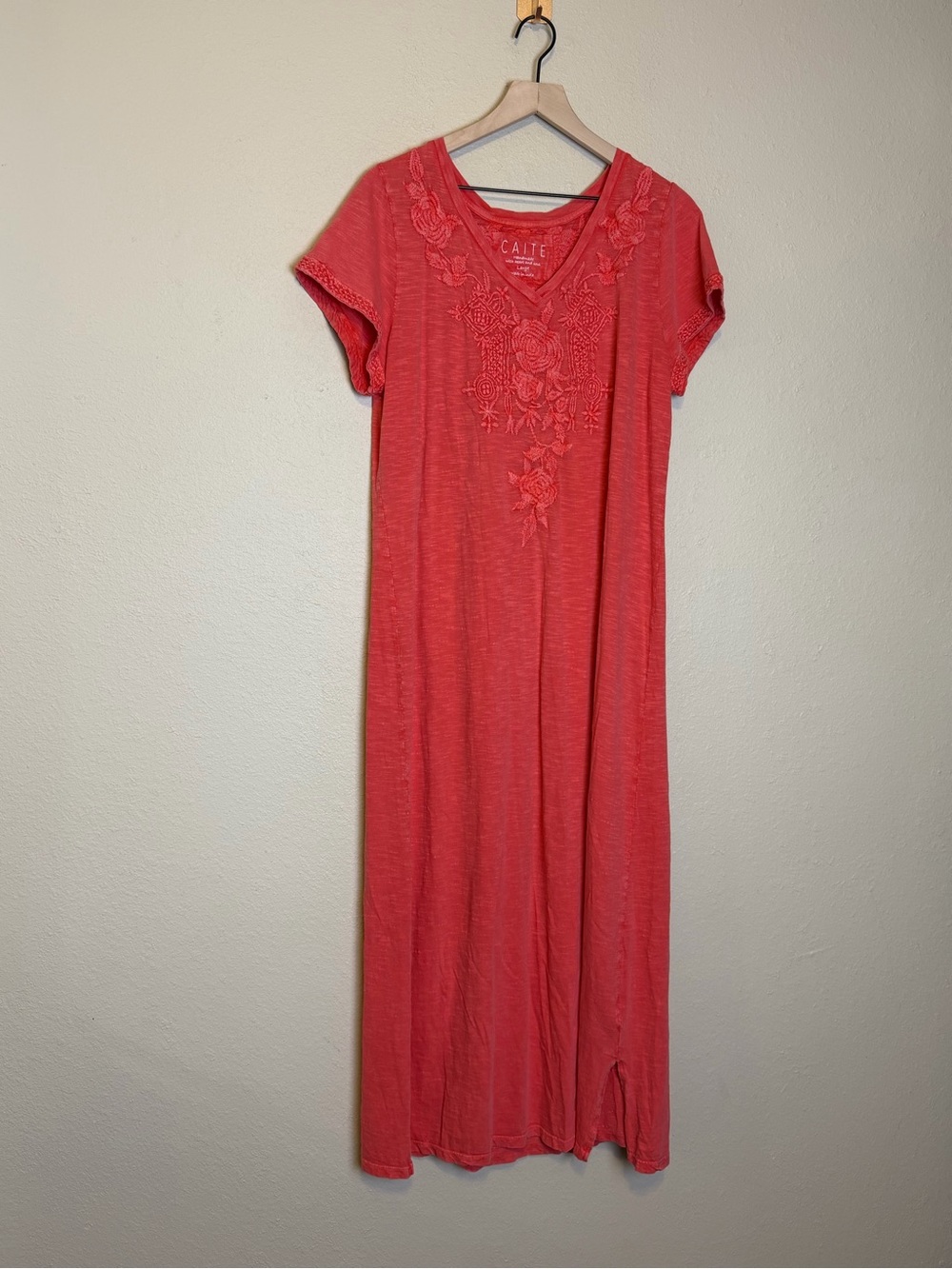 Caite Cayenne‎ Pink Embroidered Floral V-Neck Maxi Dress Size Large